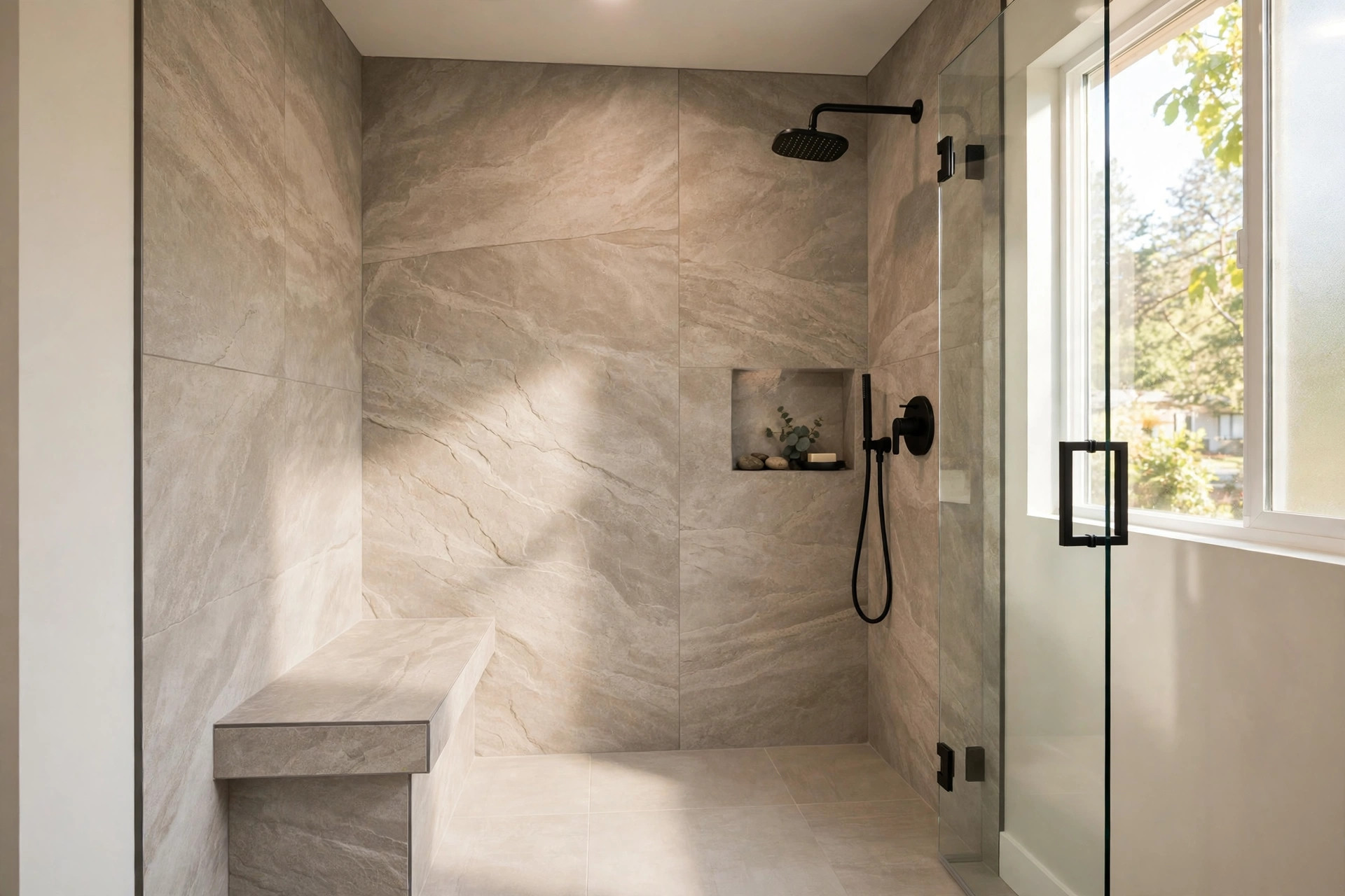 Walk-in shower, stone-look acrylic